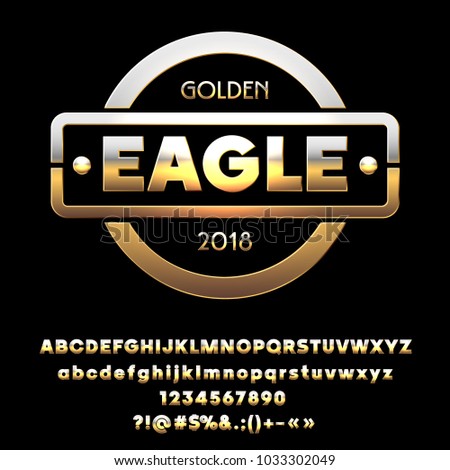 Vector glossy chic sign Golden Eagle. Luxury set of reflective Alphabet Letters, Numbers and Symbols