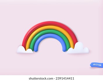 Vector glossy colorful rainbow with clouds. Weather Phenomenon Concept. 3D Vector Illustrations.