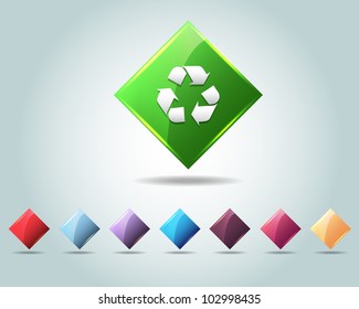 Vector Glossy Diamond Recycle Icon/Button and multicolored