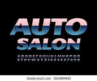 Vector glossy emblem Auto Salon. Metallic gradient Font. Creative steel Alphabet Letters and Numbers set