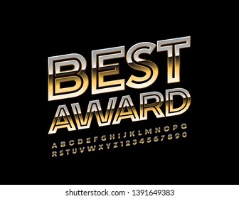 Vector Glossy Emblem Best Award With Golden Font. Creative Uppercase Alphabet Letters And Numbers