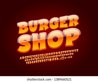 Vector glossy emblem Burger Shop with bright Alphabet Letters, Numbers and Symbols. Glossy trendy Font