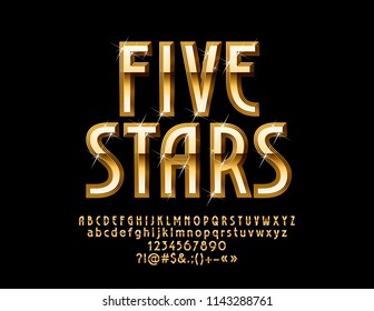 Vector glossy Emblem Five Stars. Metallic gradient Font. Luxury Golden Alphabet Letters, Numbers and Symbols