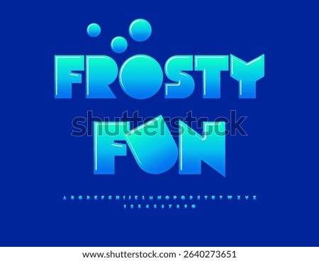 Vector Glossy emblem Frosty Fun. Big Geometric Digital Font. Cool Blue Alphabet Letters and Numbers set.
