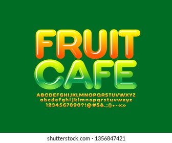 Vector glossy emblem Fruit Cafe with gradient color bright Font. Tasty Alphabet Letters, Numbers and Symbols