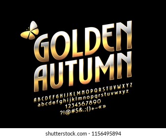 Vector Glossy Emblem Golden Autumn with Butterfly. Metallic Gradient Font. Rotated Exclusive Alphabet Letters, Numbers and Symbols