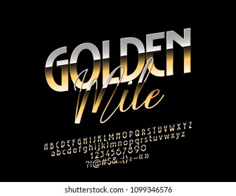 Viaje brillante Emblem Golden Mile. Fuente reflectante metálica. Letras, números y símbolos de puntuación de los alfabetos dorados