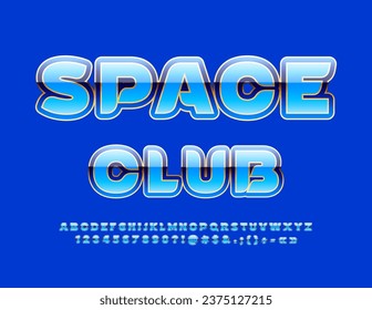 Vector glossy Emblem Space Club. Blue and Golden elite Font. Modern Alphabet Letters and Numbers
