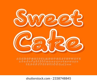 Vector glossy Emblem Sweet Cake. Playful Orange Font. Handwritten Alphabet Letters, Numbers and Symbols set. 