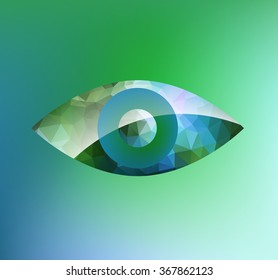 Vector glossy eye sign. Triangulated symbol. Triangles. Colorful eye icon. Reflective surface. Gradient triangle. Reflection. Abstract. Green. Blue, Cyan. White, Circle.
