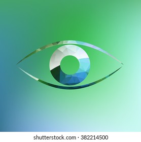 Vector glossy eye sign. Triangulated symbol. Triangles. Colorful eye icon. Reflective surface. Gradient triangle. Reflection. Abstract. Green. Blue, Cyan. White, Circle.