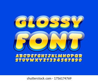 Vector Glossy Font. Bright Yellow and Blue Alphabet Letters and Numbers