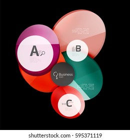Vector glossy glass color circles speech bubble on black. Vector template background for print workflow layout, diagram, number options or web design banner