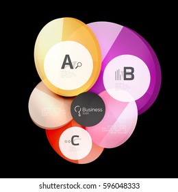Vector brillante de color de vidrio círculos de habla burbuja sobre negro. Fondo de plantilla de vector para diseño de flujo de trabajo de impresión, diagrama, opciones de número o banner de diseño web