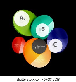 Vector glossy glass color circles speech bubble on black. Vector template background for print workflow layout, diagram, number options or web design banner