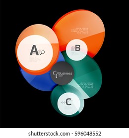 Vector glossy glass color circles speech bubble on black. Vector template background for print workflow layout, diagram, number options or web design banner