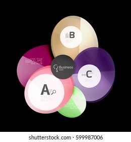 Vector glossy glass color circles speech bubble on black. Vector template background for print workflow layout, diagram, number options or web design banner