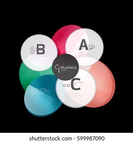 Vector glossy glass color circles speech bubble on black. Vector template background for print workflow layout, diagram, number options or web design banner