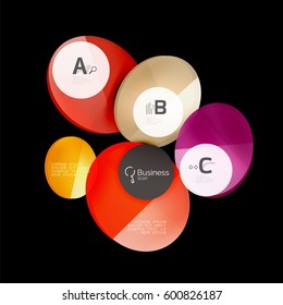 Vector glossy glass color circles speech bubble on black. Vector template background for print workflow layout, diagram, number options or web design banner