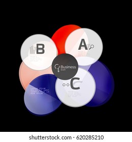 Vector brillante de color de vidrio círculos de habla burbuja sobre negro. Fondo de plantilla de vector para diseño de flujo de trabajo de impresión, diagrama, opciones de número o banner de diseño web