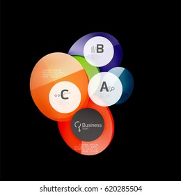 Vector glossy glass color circles speech bubble on black. Vector template background for print workflow layout, diagram, number options or web design banner