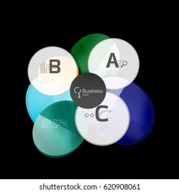Vector brillante de color de vidrio círculos de habla burbuja sobre negro. Fondo de plantilla de vector para diseño de flujo de trabajo de impresión, diagrama, opciones de número o banner de diseño web
