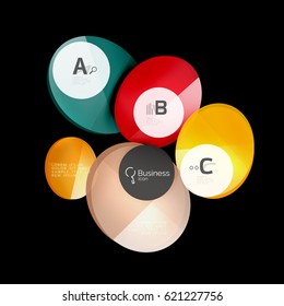 Vector glossy glass color circles speech bubble on black. Vector template background for print workflow layout, diagram, number options or web design banner
