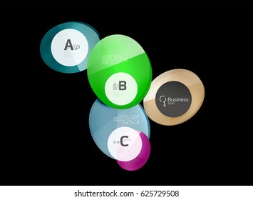 Vector glossy glass color circles speech bubble on black. Vector template background for print workflow layout, diagram, number options or web design banner