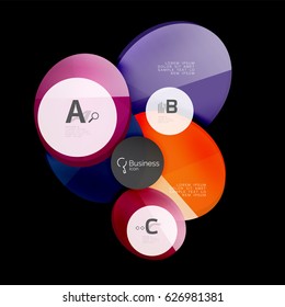 Vector glossy glass color circles speech bubble on black. Vector template background for print workflow layout, diagram, number options or web design banner