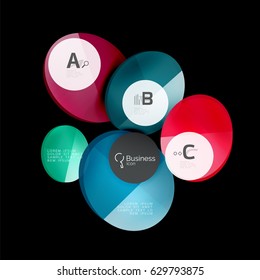 Vector glossy glass color circles speech bubble on black. Vector template background for print workflow layout, diagram, number options or web design banner
