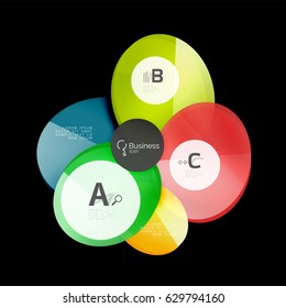 Vector glossy glass color circles speech bubble on black. Vector template background for print workflow layout, diagram, number options or web design banner