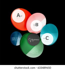 Vector glossy glass color circles speech bubble on black. Vector template background for print workflow layout, diagram, number options or web design banner