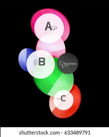 Vector brillante de color de vidrio círculos de habla burbuja sobre negro. Fondo de plantilla de vector para diseño de flujo de trabajo de impresión, diagrama, opciones de número o banner de diseño web