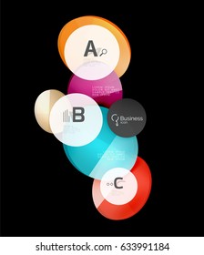 Vector glossy glass color circles speech bubble on black. Vector template background for print workflow layout, diagram, number options or web design banner