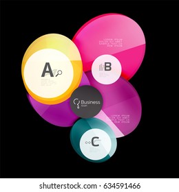 Vector glossy glass color circles speech bubble on black. Vector template background for print workflow layout, diagram, number options or web design banner