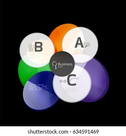 Vector glossy glass color circles speech bubble on black. Vector template background for print workflow layout, diagram, number options or web design banner
