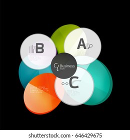 Vector glossy glass color circles speech bubble on black. Vector template background for print workflow layout, diagram, number options or web design banner