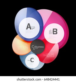 Vector brillante de color de vidrio círculos de habla burbuja sobre negro. Fondo de plantilla de vector para diseño de flujo de trabajo de impresión, diagrama, opciones de número o banner de diseño web