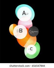 Vector glossy glass color circles speech bubble on black. Vector template background for print workflow layout, diagram, number options or web design banner