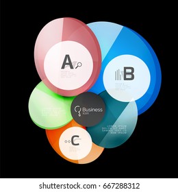 Vector glossy glass color circles speech bubble on black. Vector template background for print workflow layout, diagram, number options or web design banner