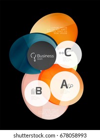 Vector brillante de color de vidrio círculos de habla burbuja sobre negro. Fondo de plantilla de vector para diseño de flujo de trabajo de impresión, diagrama, opciones de número o banner de diseño web