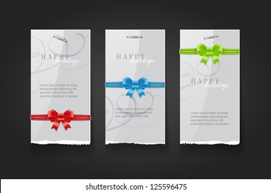 Vector glossy glazed torn paper holiday greeting cards templates with silky ribbon bow knots
