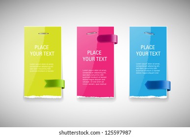 Vector glossy glazed torn paper banners collection with ribbon tags