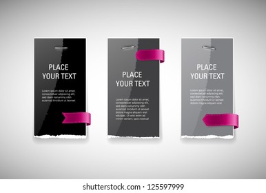 Vector glossy glazed torn paper banners with ribbon tags