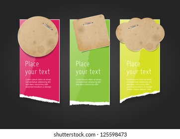 Vector glossy glazed torn paper banners with old used stained paper notes attached with staples