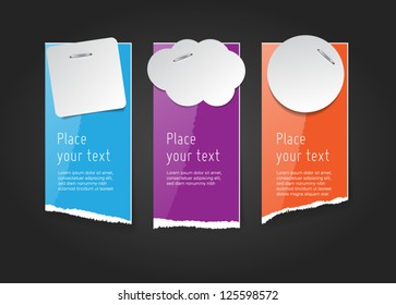 Vector glossy glazed torn paper banners with white paper notes attached with staples
