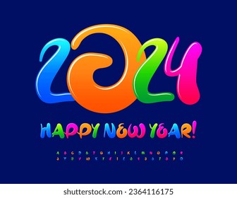 Vector glossy Greeting Card Happy New Year 2024! Funny Colorful Font. Bright handwritten Alphabet Letters and Numbers set