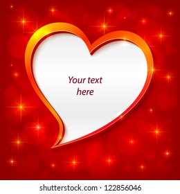 Vector glossy heart frame velentines card on red shining background