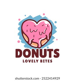 Vector glossy heart shaped cartoon donut logo. Fun and playful design, perfect for sweet shop branding, bakery logos, or dessert themed projects.