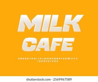 Vector glossy icon Milk Cafe. Fashion White Font. Uppercase Alphabet Letters and Numbers set.